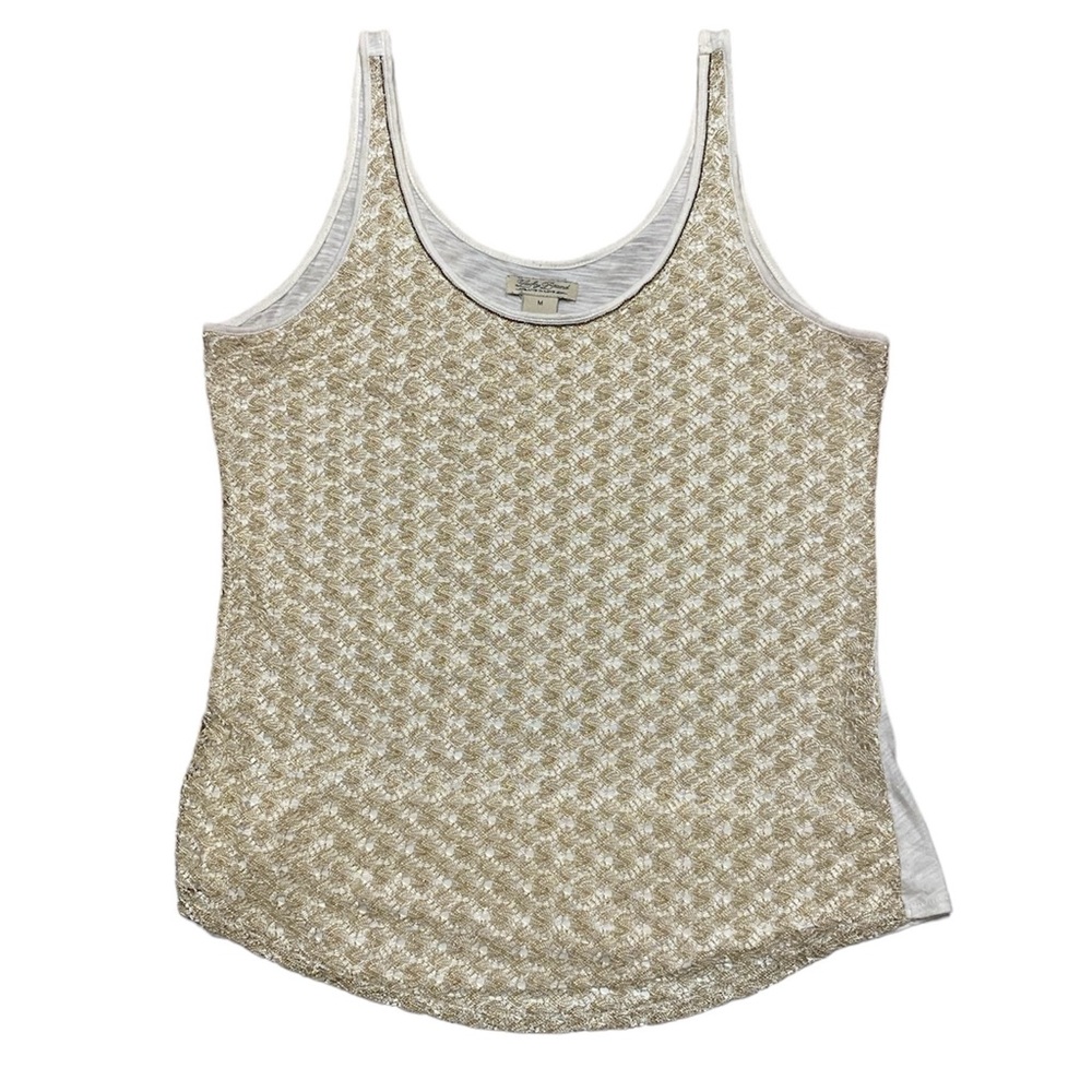 Lucky Brand Tank Top Women’s M Casual Sleeveless Metallic Crochet Front Beaded